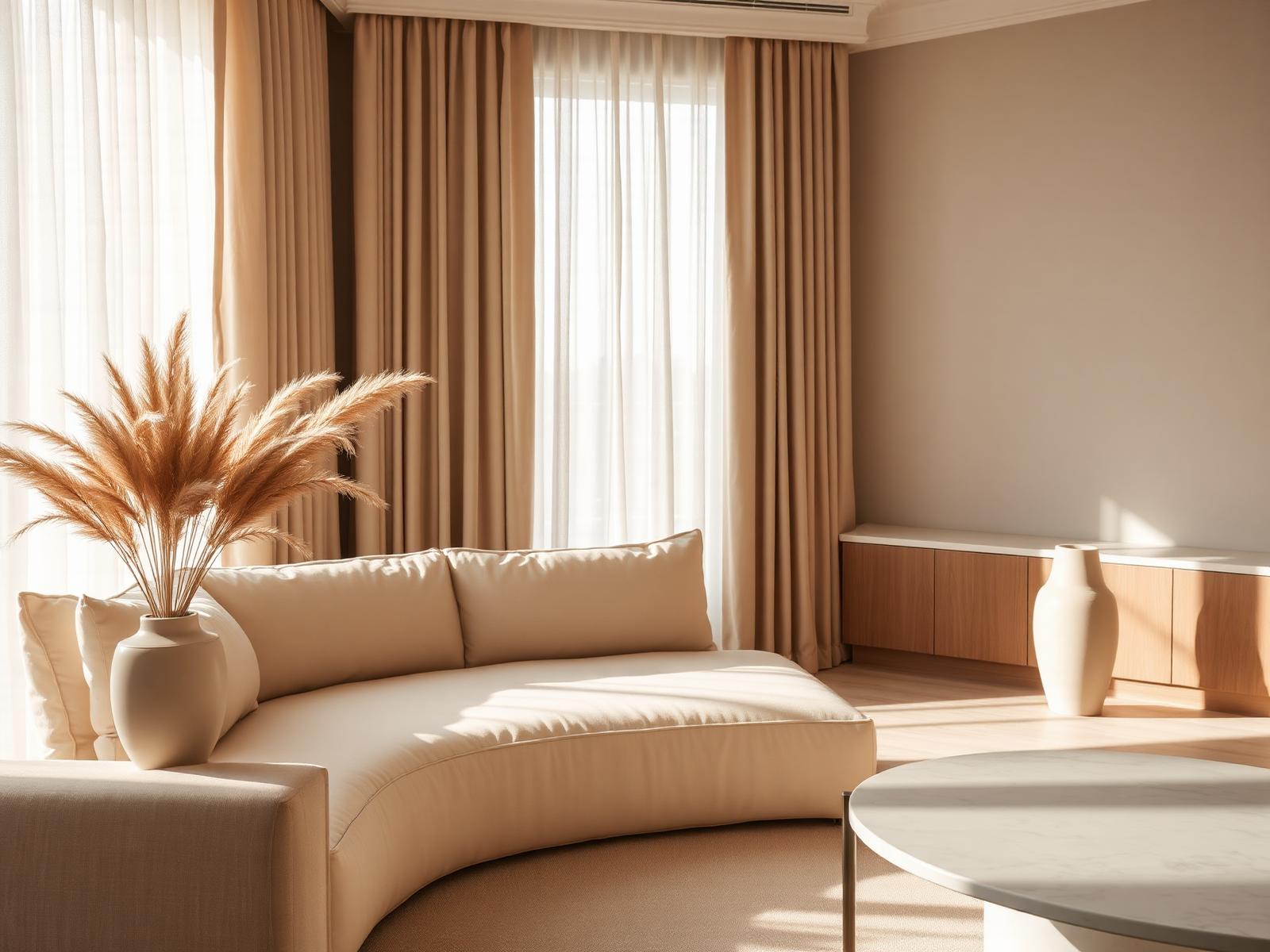 Sunlit minimalist interior with linen sofa and dried pampas